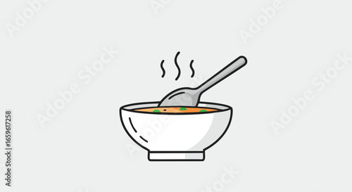 A simple line art illustration of a steaming hot bowl of soup with a spoon resting inside.