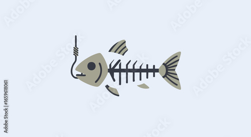 Minimalist illustration of a fish skeleton caught on a fishing hook, symbolizing a bare catch or an empty fishing trip.