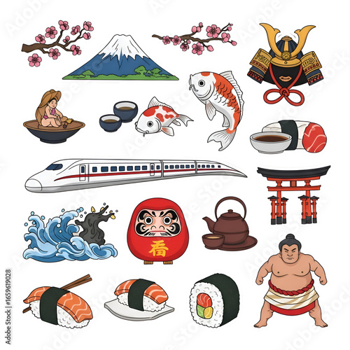 Japanese Culture Icons Sticker Pack on Transparent Background