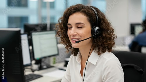 A smiling woman, a customer service representative, wearing a headset and talking on the phone in a modern office environment, assisting a client with a computer