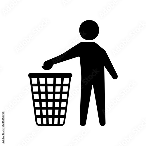 Icon illustration of person throwing garbage into a waste bin, vector image