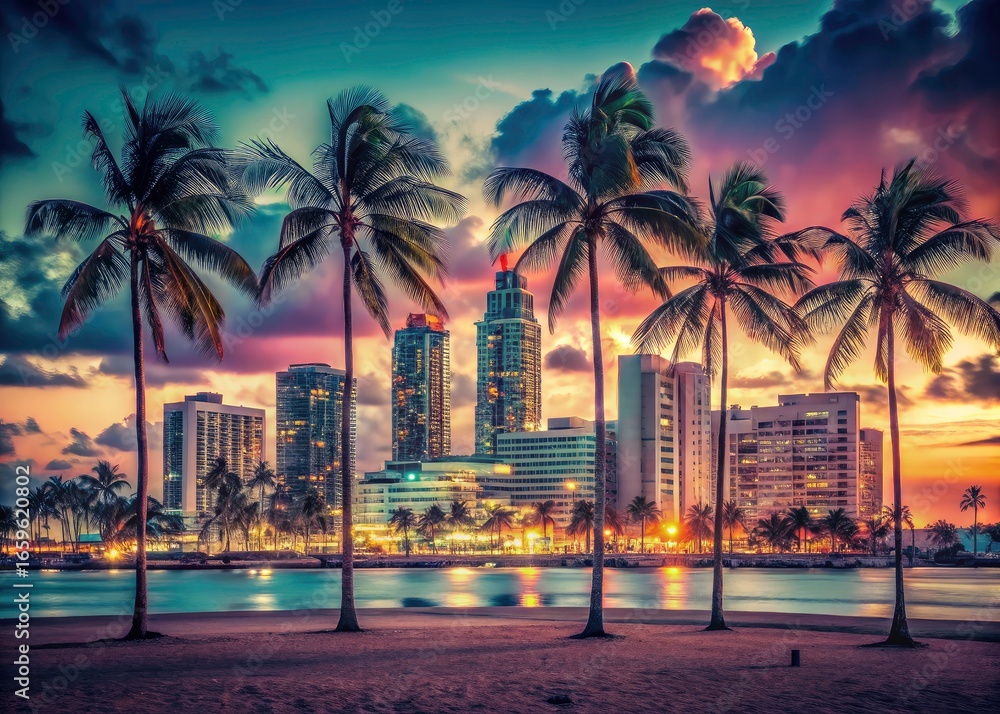 Fototapeta premium Retro Miami: Ocean Drive's Art Deco architecture illuminates the South Beach nightscape, a vintage skyline.