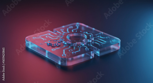 Abstract Transparent Circuit Board Puzzle Piece With Blue Glowing Lines On A Dark Background