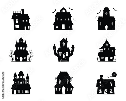 Window clings haunted spook horror house Halloween set collection pack bundle black shape icon silhouette vector flat illustration design on white background