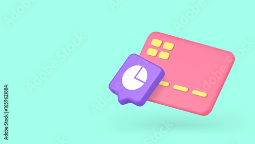 Finance concept with pink credit card and pie chart inside a purple speech bubble, perfect for online banking, analytics, and fintech platforms. 3d realistic icon copy space banner vector illustration