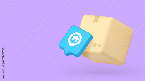 Logistics concept showing cardboard box and location pin, great for delivery services, shipping, tracking systems, and e-commerce platforms. 3d realistic icon copy space banner vector illustration