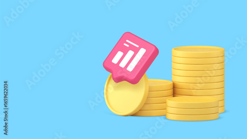 Stacked gold coins combined with a pink chart symbol illustrating finance, business data, and economic analytics within a modern digital environment. Copy space banner vector illustration