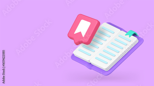 Open book with bright red bookmark symbolizes reading, knowledge exchange, and communication in educational or business environments. 3d realistic icon copy space banner vector illustration