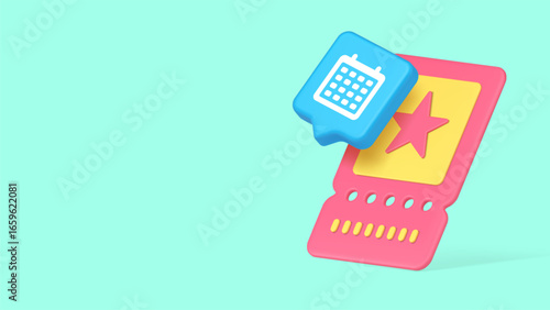 Pink event ticket and calendar represents date booking, show planning, and digital scheduling for entertainment and business purposes. 3d realistic icon copy space banner vector illustration