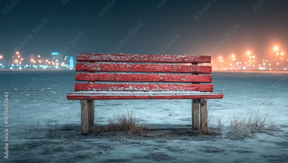 Obraz premium Red park bench in snowy winter landscape at night