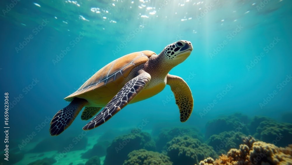 Obraz premium A captivating sea turtle gracefully glides through vibrant, sunlit turquoise water amidst a coral reef.