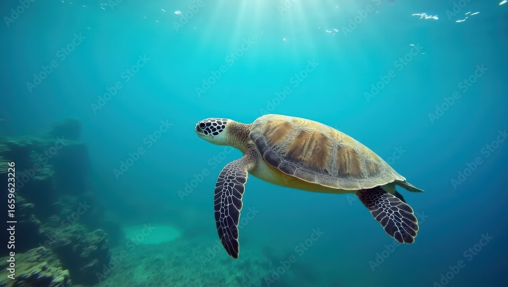 Fototapeta premium A serene sea turtle gracefully glides through the vibrant turquoise ocean, showcasing its shell patterns against a backdrop of underwater rocks.