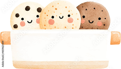 Adorable Watercolor Cookies in a Bowl Cute Bakery Illustration.