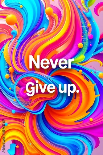 Colorful abstract background with swirling ribbons, floating spheres, and geometric patterns, featuring the text 'Never give up.