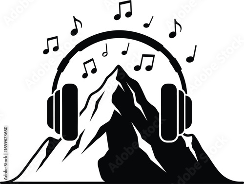 Alpine Melodies: A striking black and white vector of a mountain wearing headphones, with musical notes floating in the air. Perfect for music, nature, or adventure themes.