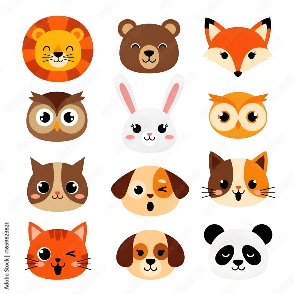 Fototapeta premium Cute Animal Faces on Transparent Background