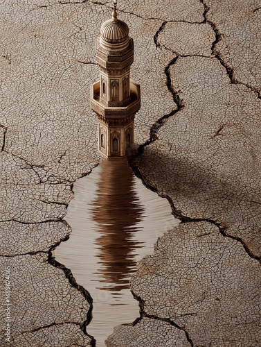 Reflection of a mosque minaret in a desolate landscape showcasing minimalist architecture