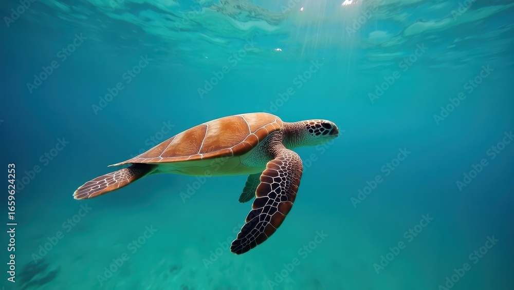 Fototapeta premium A serene sea turtle gracefully glides through vibrant turquoise water, showcasing its intricate shell patterns.