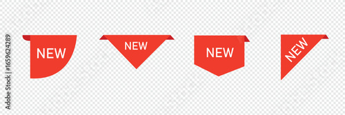 New tag stickers, shopping labels icon, New arrival stickers and labels flat icon kit. Isolated red retail ribbons for promotion vector illustration collection. Discount and price. Vector illustration