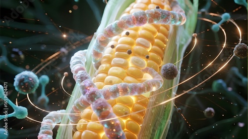 Genetically Modified Corn with DNA Strand Overlay
