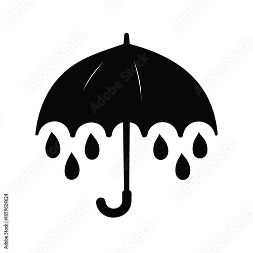Black and white vector illustration of an umbrella with falling raindrops