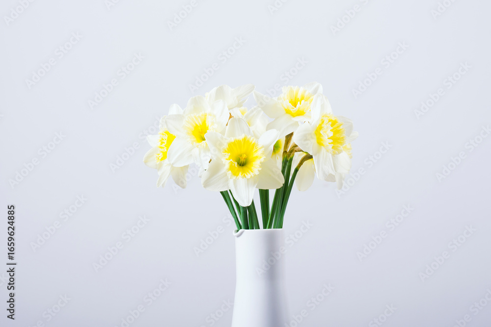 Obraz premium white daffodils at china vase on old weathered wood table