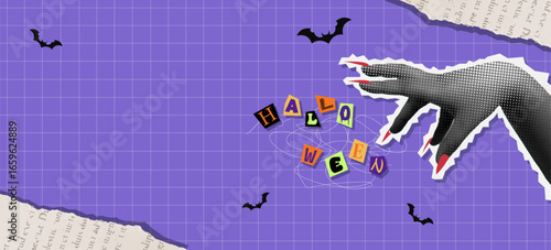 Halloween collage with spooky bats and thematic decorations. Vector illustration