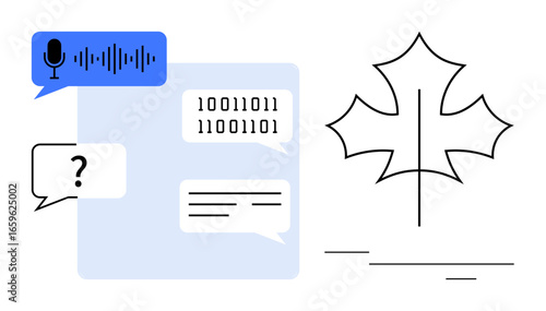 Speech bubble with sound wave, binary code, text, and question icons paired with a minimal maple leaf. Ideal for AI, communication, AI-led learning, transcription, coding simplicity Canadian