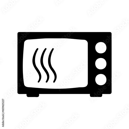 Black and white illustration of a microwave oven with steam icon