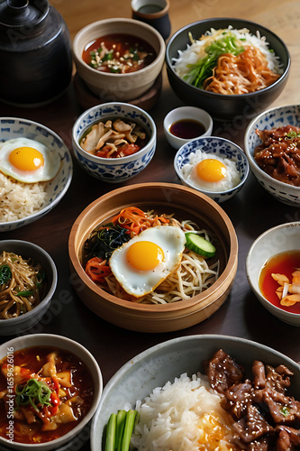 food, bowl, rice, egg, side dish, asian cuisine, meal, dining, delicious, traditional, tasty, healthy, variety, colorful, dinner, lunch, breakfast, restaurant, serving, appetizer, main course, gourmet