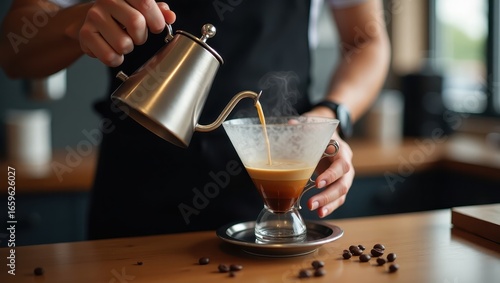 Wallpaper Mural A person carefully pours steaming hot coffee into a glass pour-over, showcasing the art of coffee preparation. Torontodigital.ca