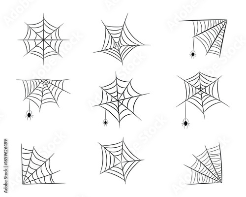 Fake spider webs Halloween set collection pack bundle black shape icon silhouette vector flat illustration design on white background