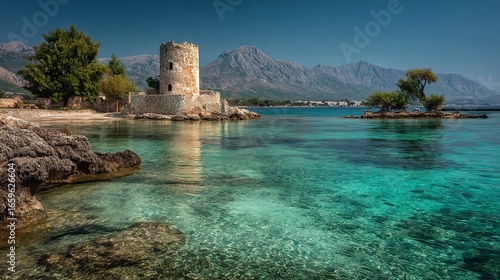 Wallpaper Mural Ancient stone tower on a turquoise sea coast with majestic mountains under a clear blue sky Torontodigital.ca