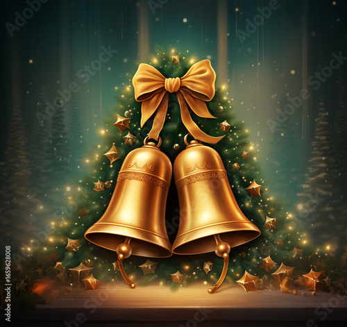 Golden Christmas bells and tree with glowing festive lights
