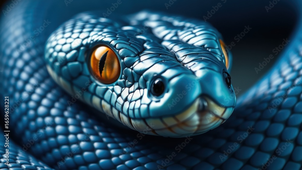 Fototapeta premium A close up of a blue snake with orange eyes coiled and ready to strike in the dark background space