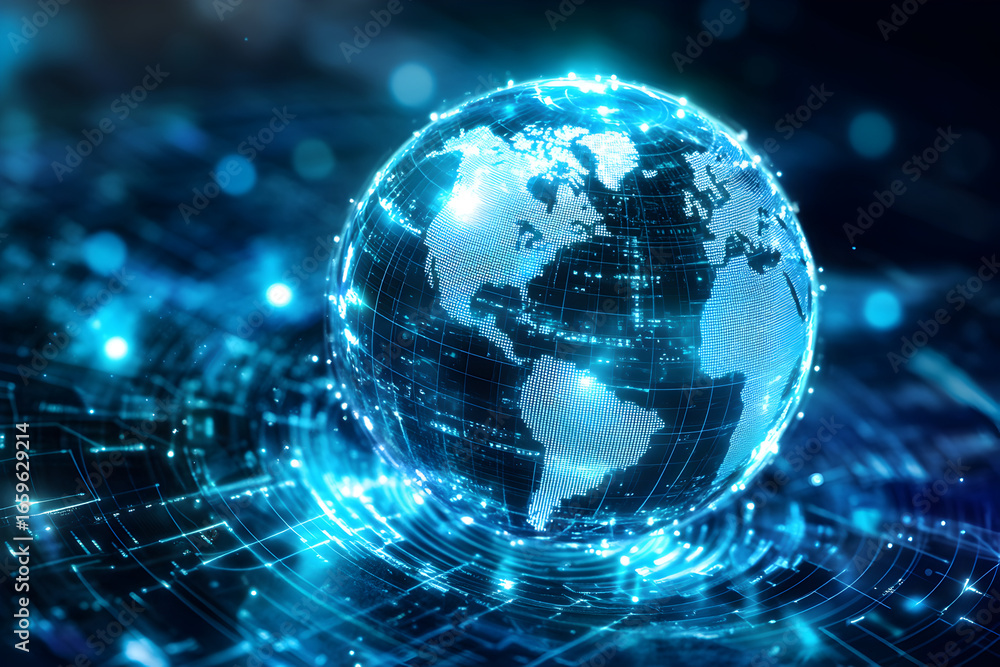 Obraz premium Digital earth globe with network lines and glowing points. Global connection and communication technology concept. Modern web internet data transfer.