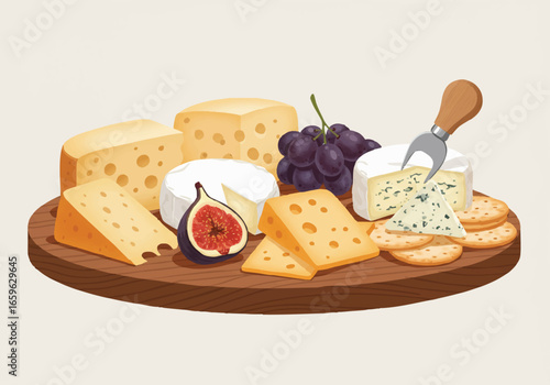 A wooden platter featuring a delicious assortment of cheeses, including swiss and blue cheese, accompanied by fresh grapes, a fig, and crackers.
