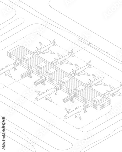 Airport Terminal with Planes and Jet Bridges in a Line Art Illustration for Transportation and Travel Themes