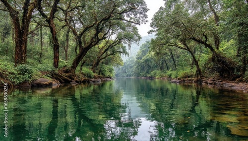 Tranquil river flows through lush forest