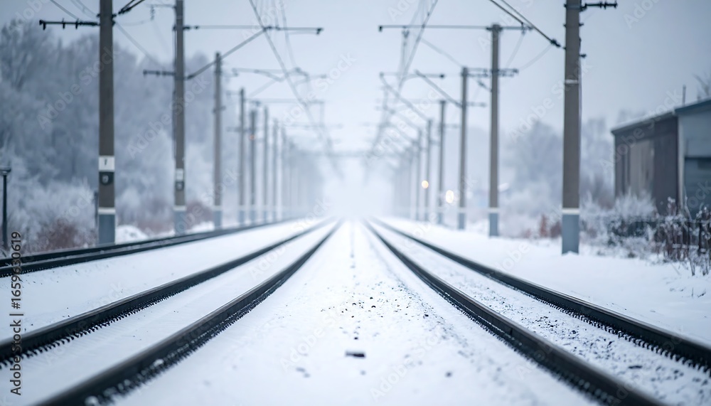 Fototapeta premium Snowy train tracks stretching into a hazy winter scene