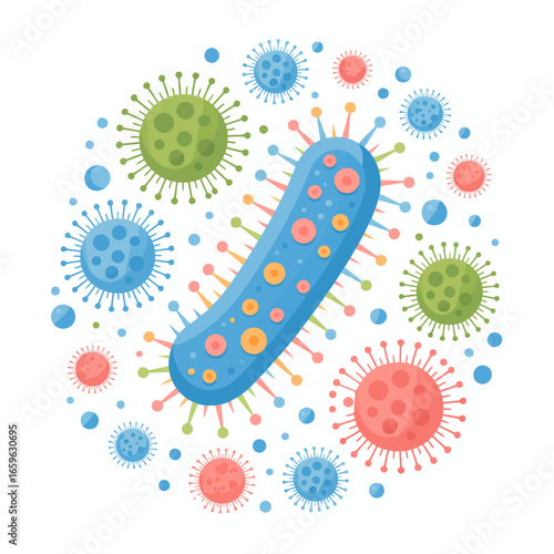 Colorful Illustration of Microscopic Bacteria and Viruses for Medical Research and Educational Purposes Showing Diverse Shapes and Sizes