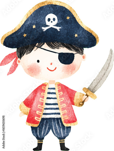 Adorable Watercolor Pirate Boy Child Costume Illustration.
