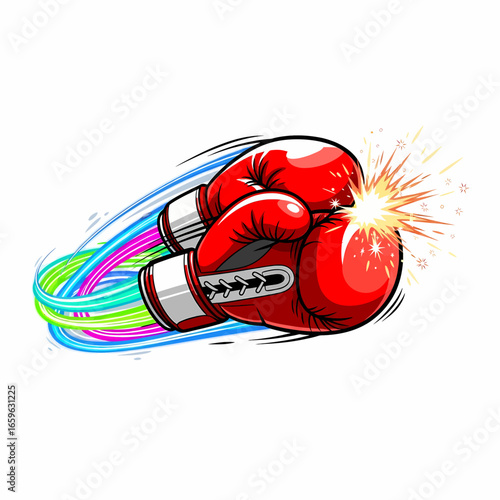 Red Boxing Gloves Colliding with Spark and Colorful Trails