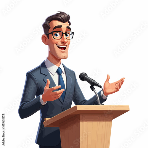 Confident Cartoon Man Giving Public Speech at Podium
