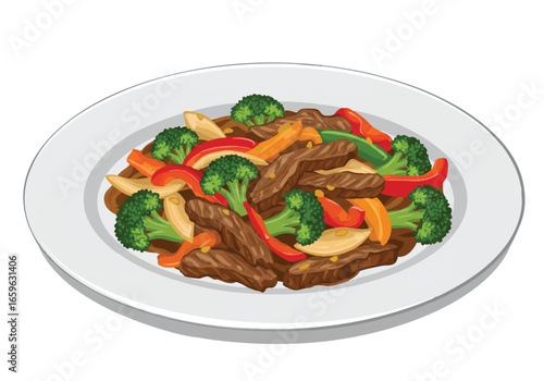 A delicious plate of beef and broccoli stir-fry with colorful bell peppers and other vegetables, presented in a clean illustration style.