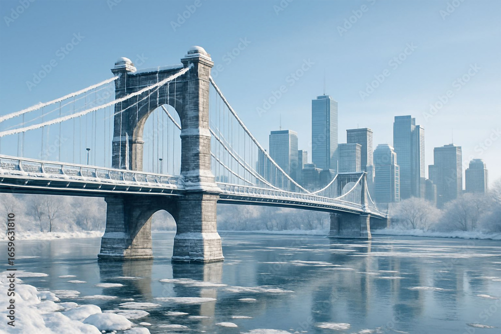 Naklejka premium Iconic city skyline and bridge with calm water reflections at dusk