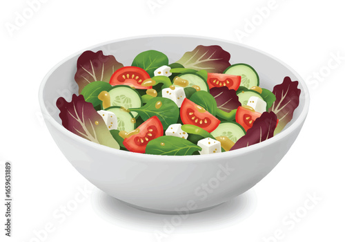 A fresh garden salad with lettuce, tomatoes, cucumbers, and feta cheese in a white bowl, isolated on a white background.