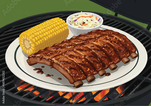 A delicious plate of barbecued ribs, corn on the cob, and coleslaw served on a hot charcoal grill.