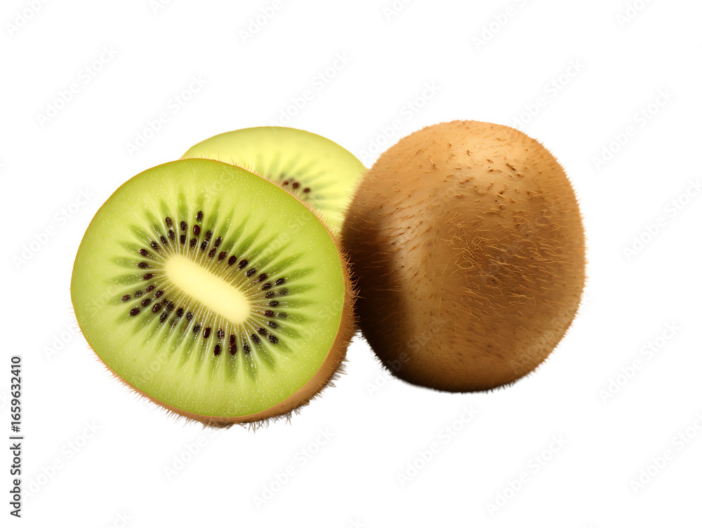 Obraz premium Whole and sliced kiwi fruit with vibrant green flesh and black seeds isolated on a transparent background