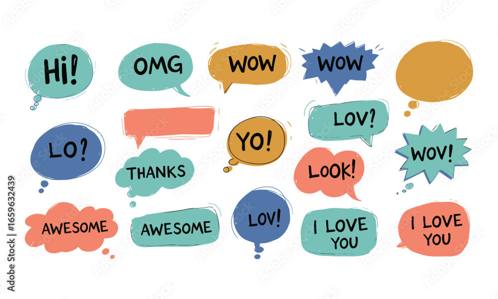 Speech bubbles showing reactions and greetings, ideal for digital media and casual communication Speech bubbles showing reactions and greetings, ideal for digital media and casual communication